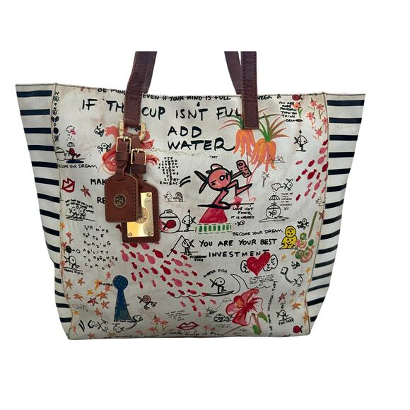 Tory Burch Limited Edition De La Vega Tote Bag Rare Graphic Art Quote Leather - Picture 2 of 12